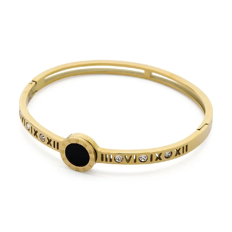 Women’s bangle bracelet-Stainless Steel Bangle Roman Numeral Onyx Crystal Gold Plated