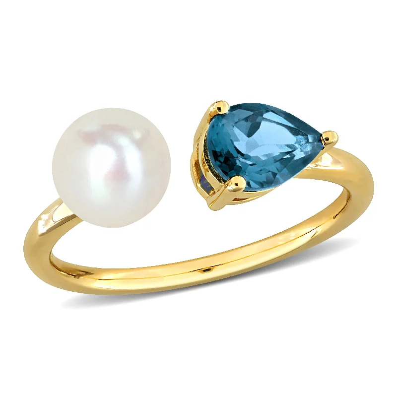 Women’s signet ring-Miadora 7/8ct TGW Pear-Cut London Blue Topaz Cultured Freshwater Pearl Ring 10k Yellow Gold