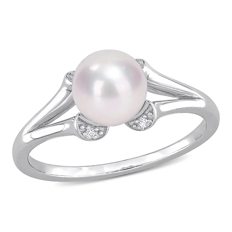 Women’s eternity ring-Miadora 7-7.5mm Cultured Freshwater Pearl and Created White Sapphire Split-Shank Ring in Sterling Silver