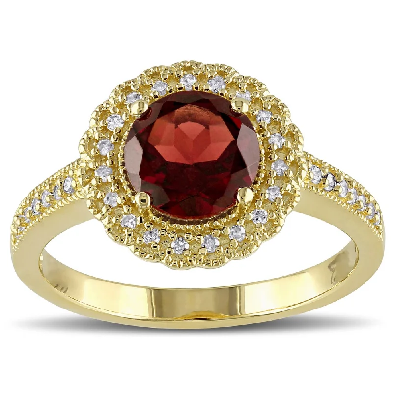 Women’s boho ring-Miadora Yellow Plated Sterling Silver Garnet and 1/8ct TDW Diamond Halo Ring (G-H, I2-I3) - Red