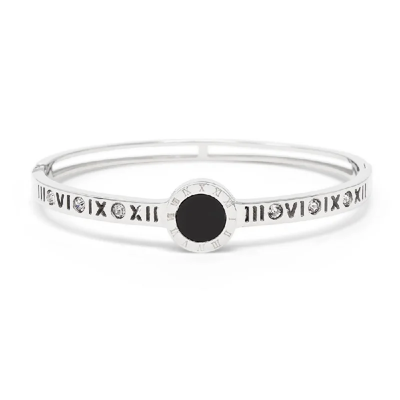 Women’s bangle bracelet with diamonds-Stainless Steel Bangle Roman Nr Onyx Crystals