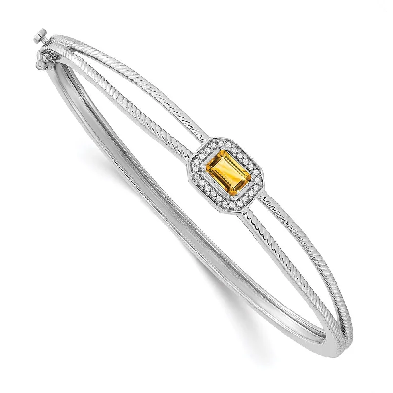 Women’s double bangle bracelet-14k White Gold Emerald-shape Citrine and Diamond Halo Bangle-WBC-BM7091-CI-011-WA