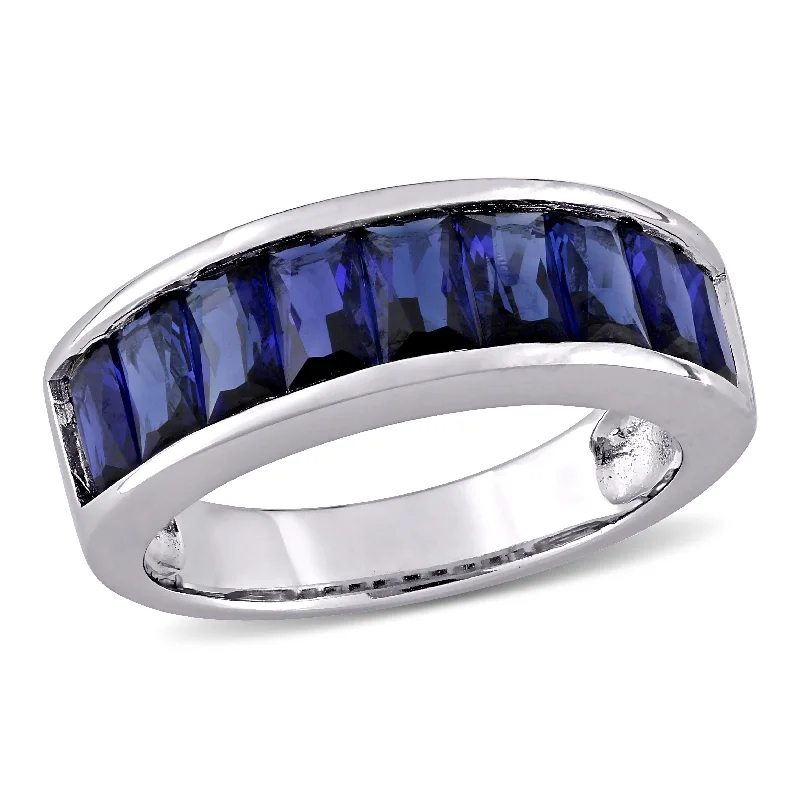 Women’s luxurious gold ring-Miadora Sterling Silver Baguette-cut Created Blue Sapphire Semi-Eternity Anniversary Band Ring