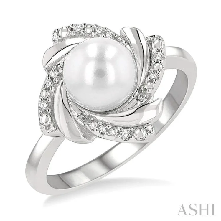 Women’s halo engagement rings-1/50 ctw Swirl Round Cut Diamond & 7x7MM White Pearl Ring in Silver