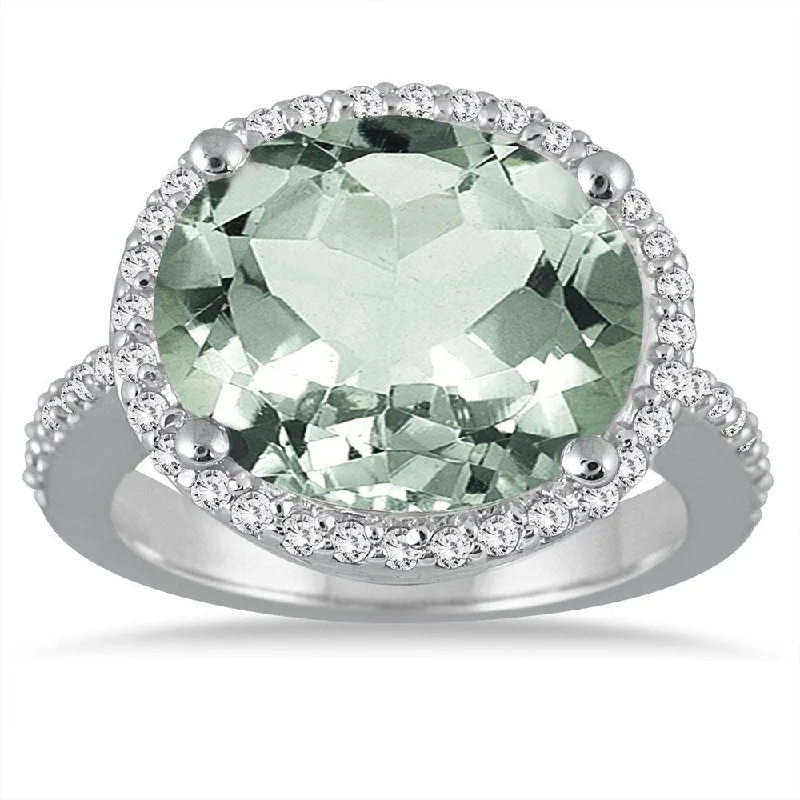 Women’s diamond halo ring-8 Carat Oval Green Amethyst and Diamond Ring in 14K White Gold