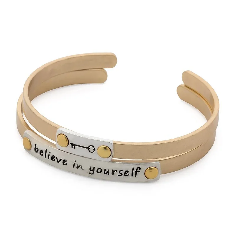 Women’s sparkling bracelet-Believe In Yourself Double Bangle Gold and Silver Tone