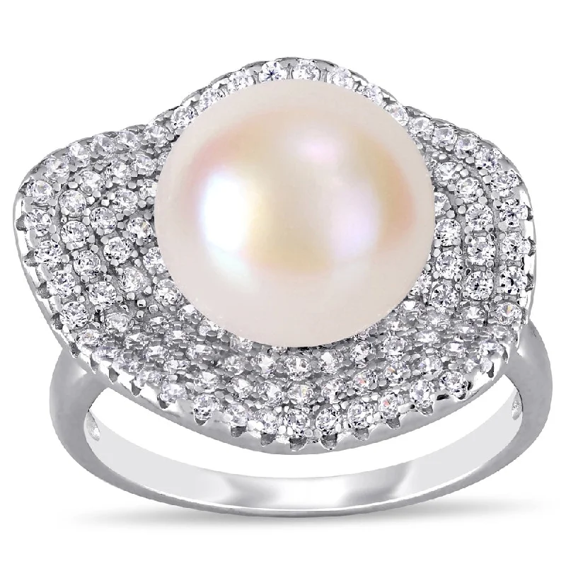 Women’s stylish ring-Miadora Sterling Silver Cultured FW Pearl and CZ Clustered Floral Halo Ring (11-12 mm)