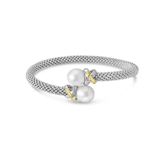 Women’s timeless bracelet-Popcorn Bypass X Bangle in Sterling Silver & 18K Yellow Gold