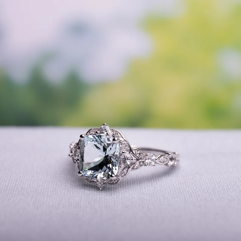 Women’s emerald cut ring-Vintage Aquamarine White Sapphire and Diamond Ring in 14k White Gold by Miadora