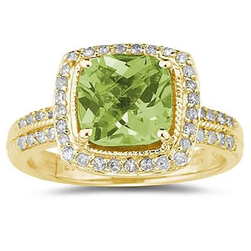 Women’s designer engagement ring-2 1/2 Carat Cushion Cut Peridot & Diamond Ring in 14K Yellow Gold