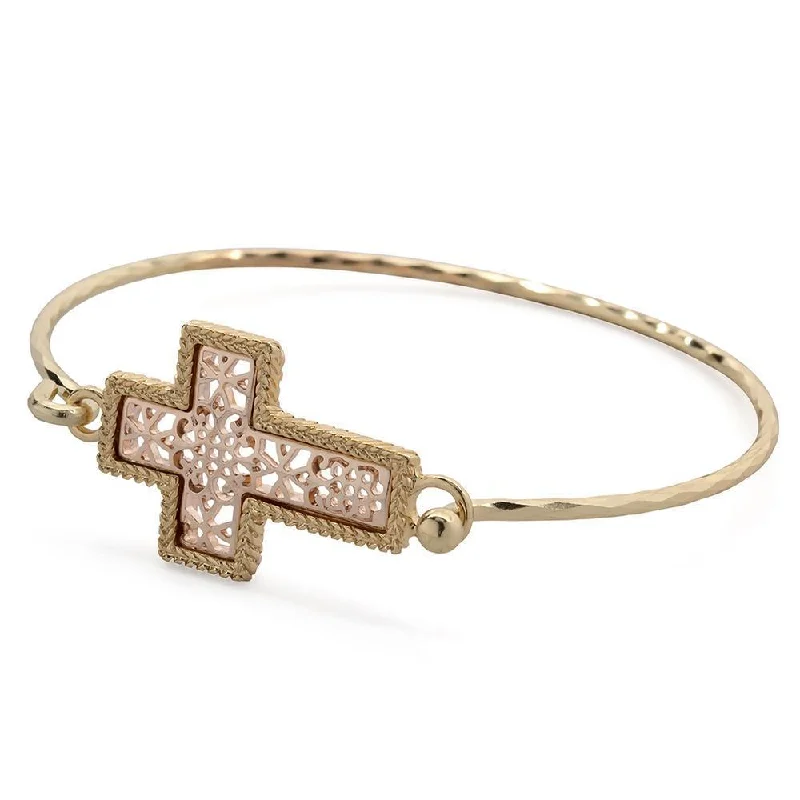 Women’s sparkling bracelet-Two Tone Filigree Cross Bangle Gold Plated