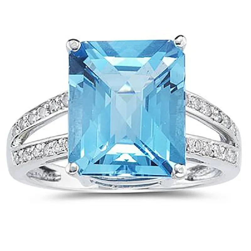 Women’s designer ring-7 Carat Emerald Cut Blue Topaz and Diamond Ring 10k White Gold