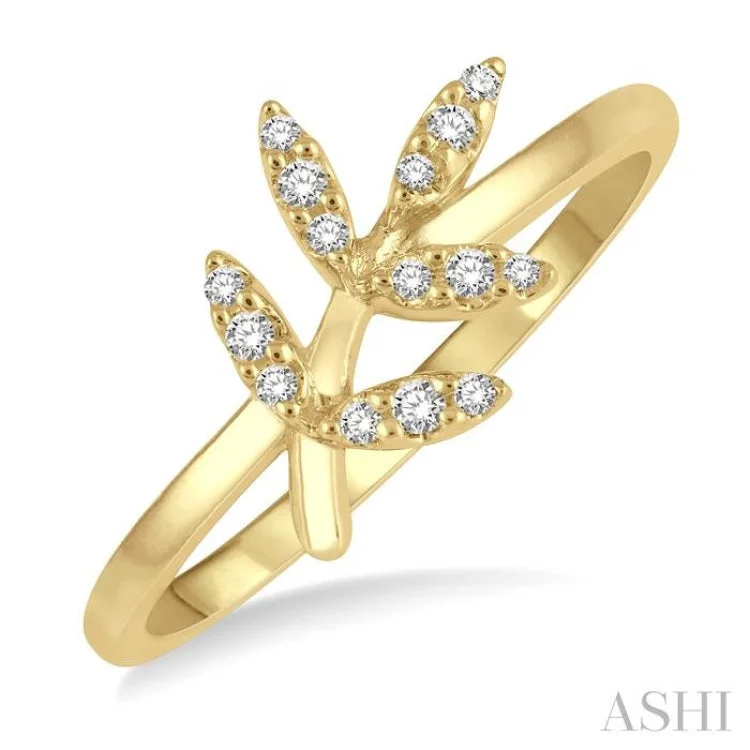 Women’s simple engagement rings-1/10 ctw Leaf Motif Round Cut Diamond Petite Fashion Ring in 10K Yellow Gold