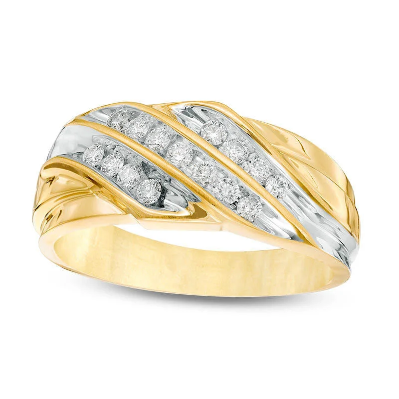 Women’s custom engagement rings-Men's 0.38 CT. T.W. Natural Diamond Slanted Three Row Ring in Solid 10K Two-Tone Gold