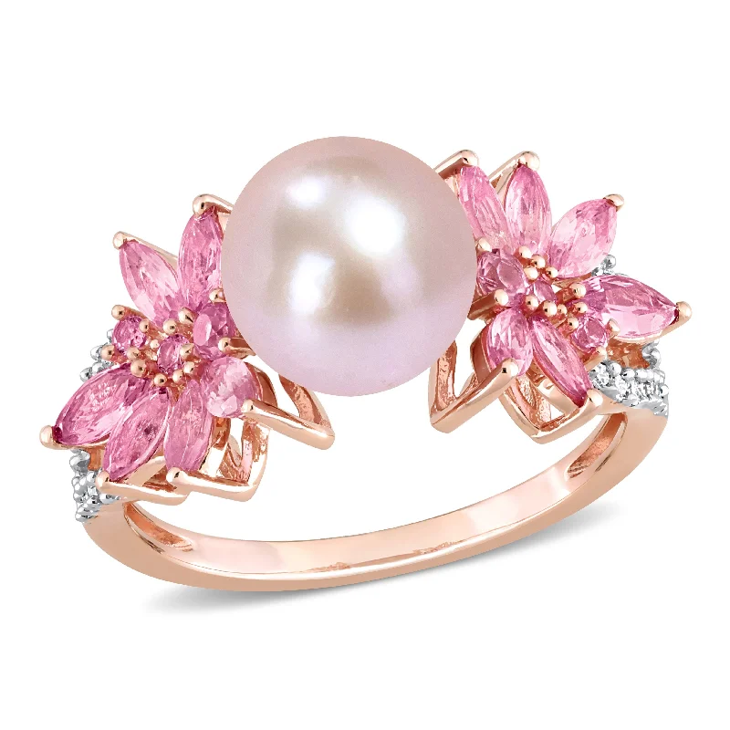 Women’s pearl-studded ring-Miadora 9-9.5mm Cultured Freshwater Pink Pearl 1 7/8ct TGW Pink Sapphire and 1/8ct TDW Diamond Flower Ring in 14k Rose Gold