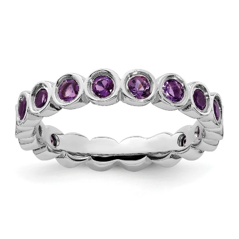 Women’s classic ring-Curata 925 Sterling Silver Bezel Polished Patterned Stackable Expressions Amethyst Ring