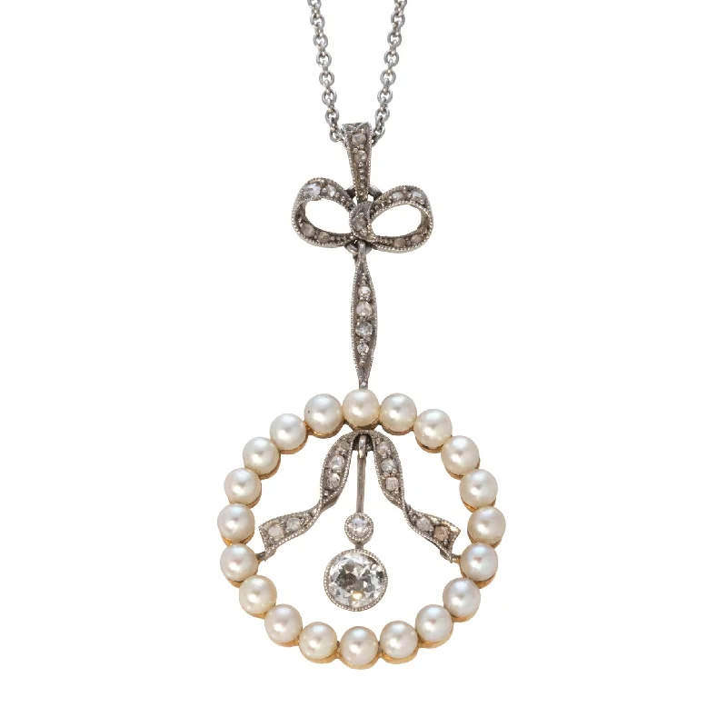 Women’s anniversary necklace-Edwardian Diamond & Seed Pearl Bow Drop Pendant Necklace