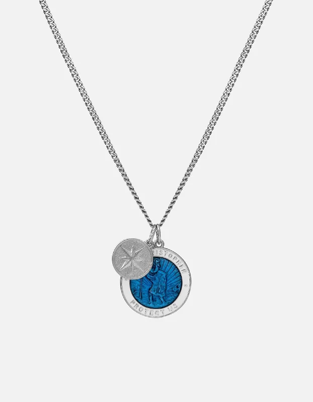 Women’s gold-plated necklace-Saint Christopher Surf Necklace, Sterling Silver/Caribbean Blue