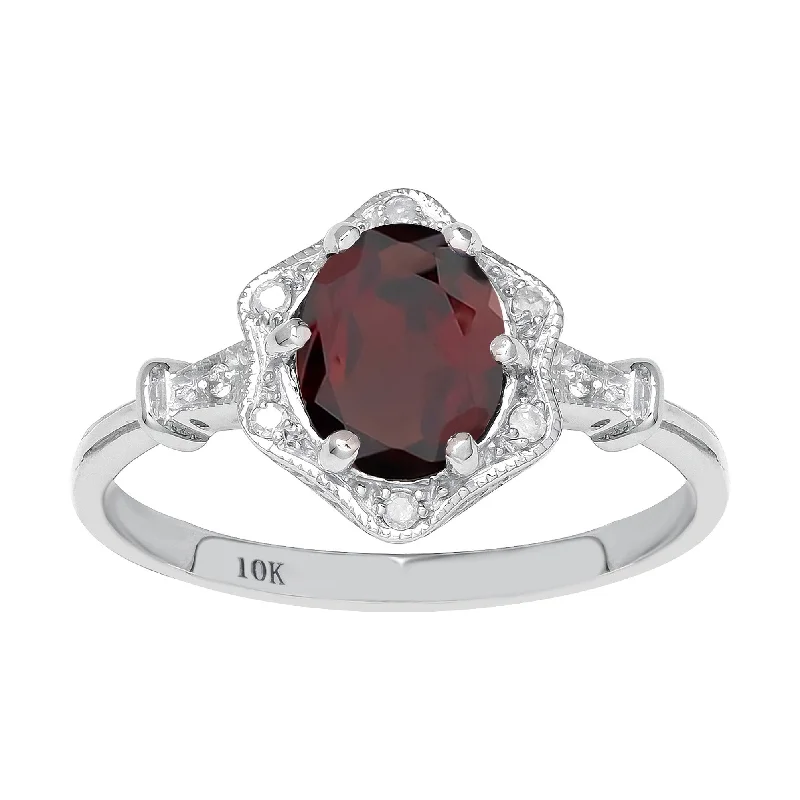 Women’s eternity gemstone ring-Viducci 10k White Gold Vintage Style Genuine Oval Garnet and Diamond Halo Ring