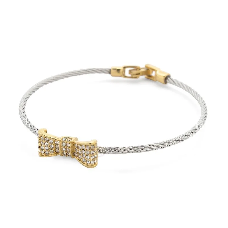 Women’s chunky bangles-Stainless Steel Cable Bangle with Crystal Pave Bow Two Tone