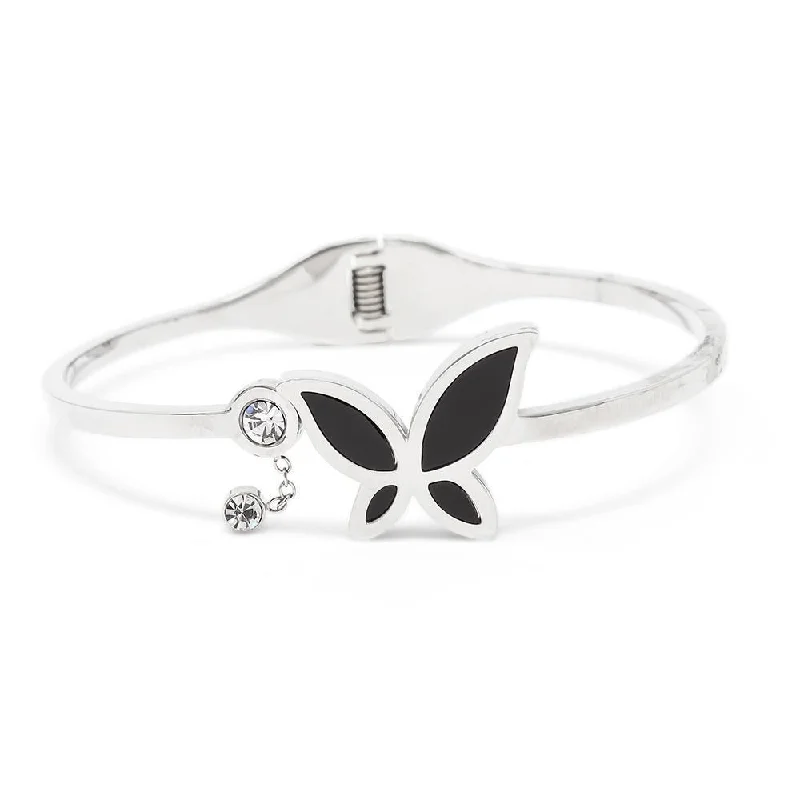 Women’s gemstone bangle-Stainless Steel Bangle Onyx Butterfly CZ