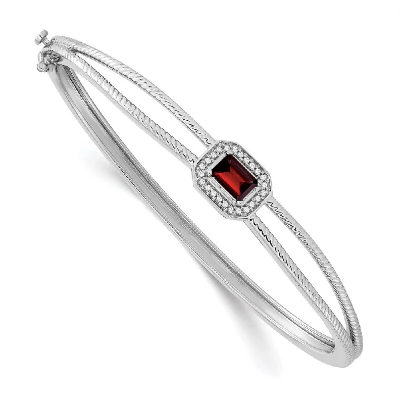 Women’s pearl bangles-14k White Gold Emerald-shape Garnet and Diamond Halo Bangle-WBC-BM7091-GA-011-WA