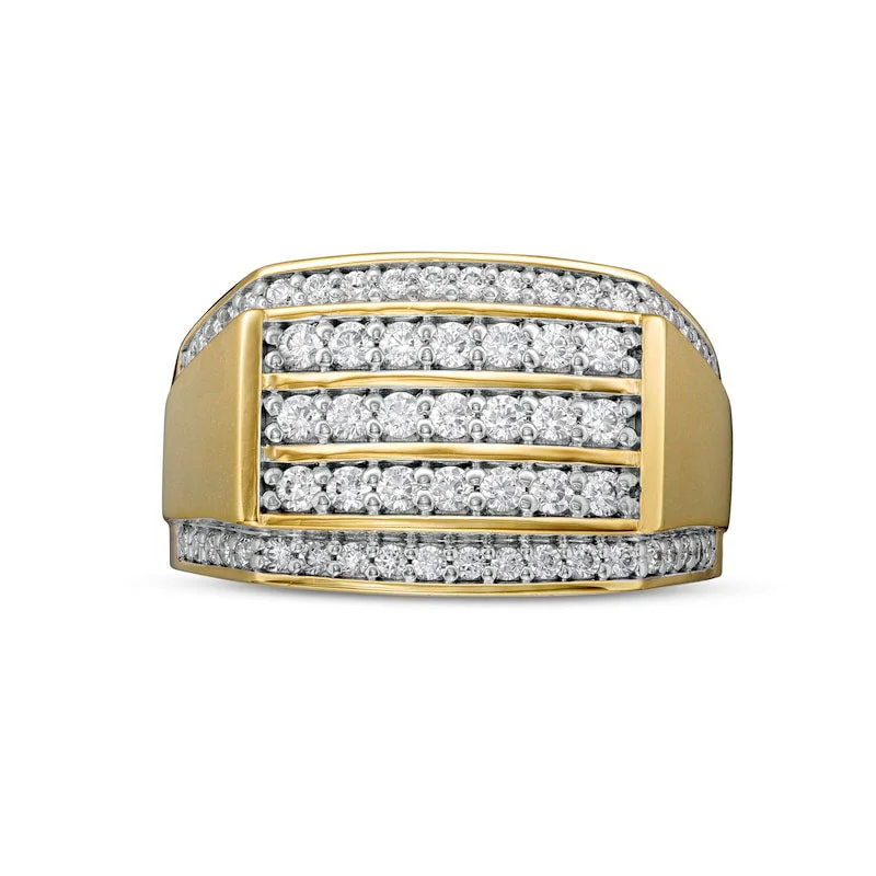 Women’s modern diamond engagement rings-Men's 1.25 CT. T.W. Natural Diamond Triple Row Rectangle-Top Border Ring in Solid 10K Yellow Gold