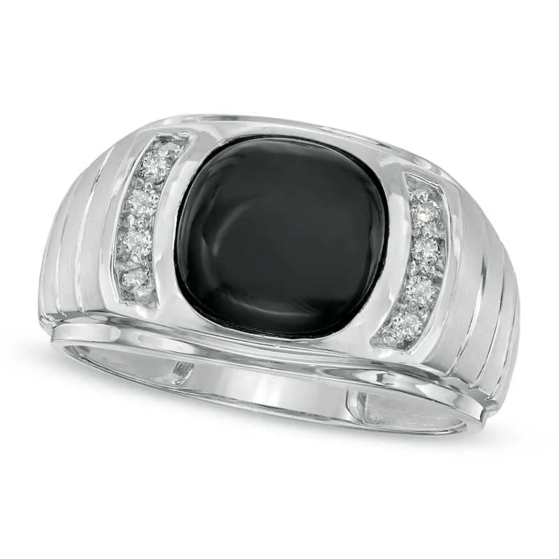 Women’s diamond solitaire rings-Men's Onyx and 0.13 CT. T.W. Natural Diamond Ring in Solid 14K White Gold