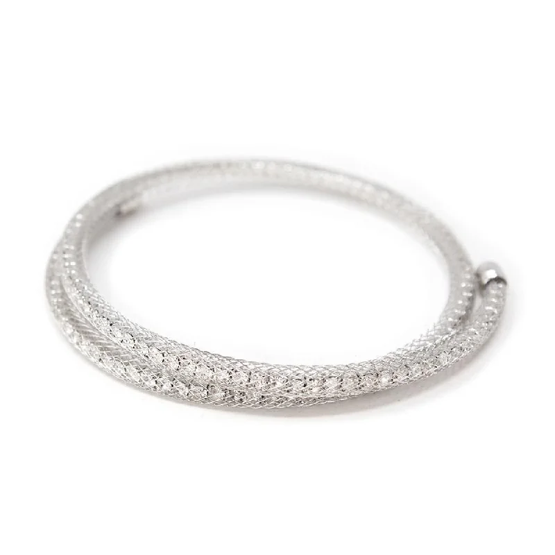 Women’s bridal bracelet-Crystals Mesh Curly Bangle Silver Tone