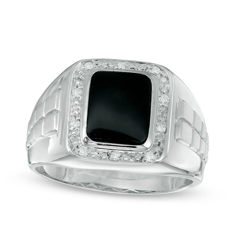 Women’s princess cut engagement rings-Men's Rectangular Onyx and 0.10 CT. T.W. Natural Diamond Ring in Solid 10K White Gold