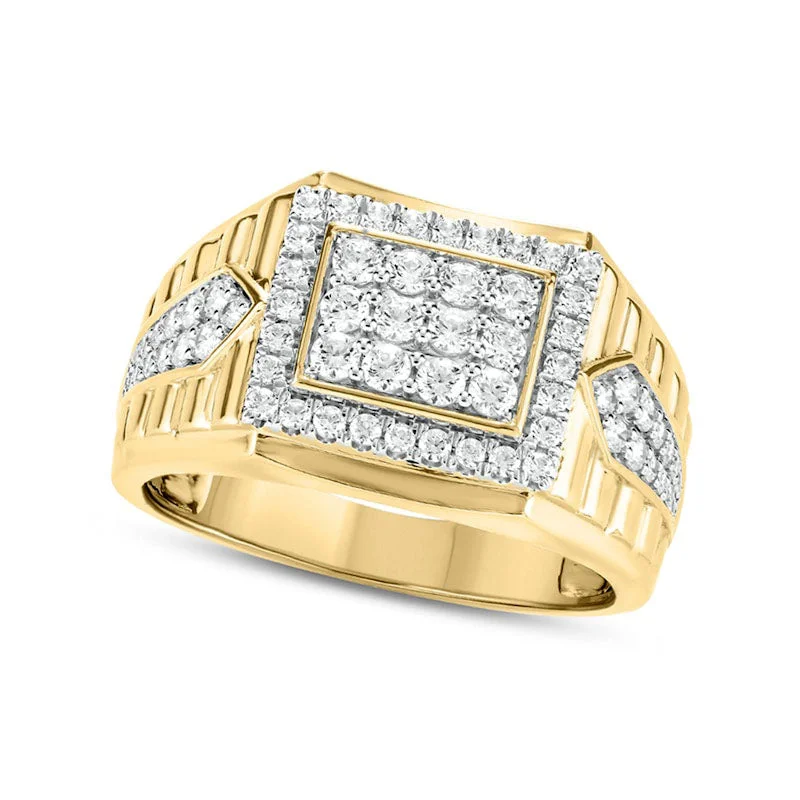 Women’s large diamond engagement rings-Men's 1.0 CT. T.W. Composite Natural Diamond Frame Rectangle-Top Pointed Double Row Ribbed Shank Ring in Solid 10K Yellow Gold