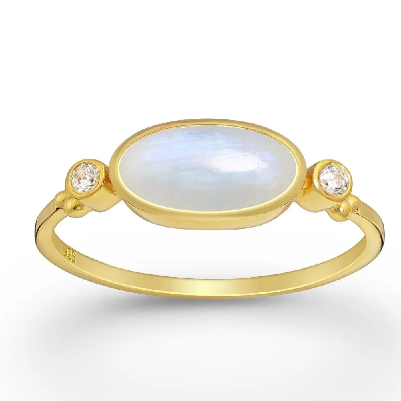 Women’s matching ring-Sterling Silver 18kt Gold Plated CZ & Rainbow Moonstone Elongated Oval Ring