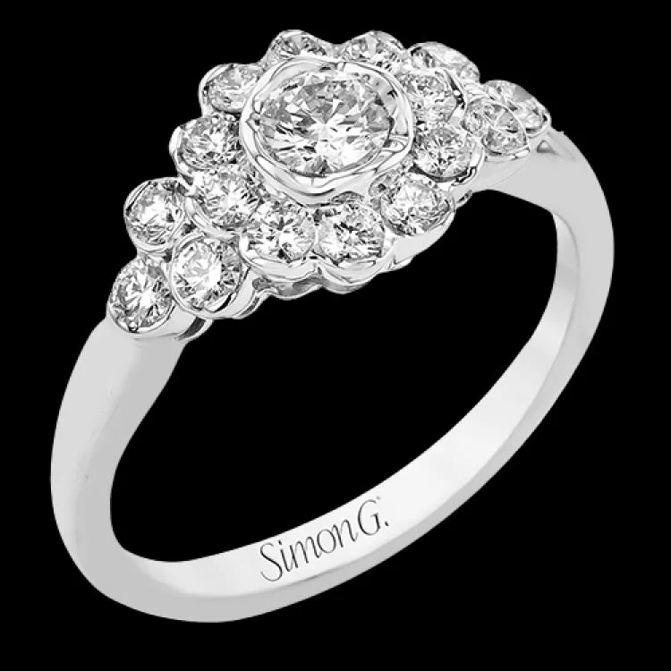 Women’s diamond engagement rings-18K cluster diamond engagement ring complete with RD center .25ctw, and 0.55 ctw half-bezel set dias