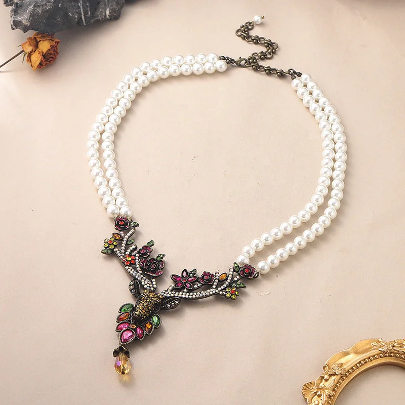 Women’s delicate necklace-Elegant Vintage Style Luxurious Deer Copper Plating Inlay Rhinestones Freshwater Pearl Glass Necklace