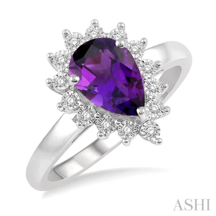 Women’s cushion cut engagement rings-1/10 Ctw Pear Shape 9x6mm Amethyst & Round Cut Diamond Semi Precious Ring in 10K White Gold