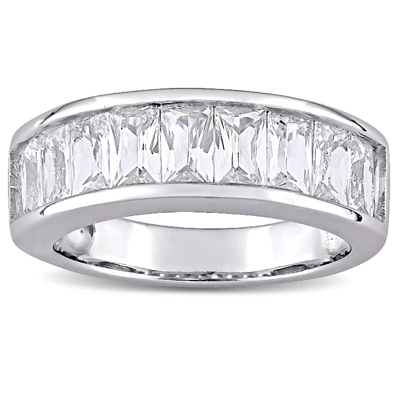 Women’s oval diamond ring-Miadora Sterling Silver Baguette-cut Created White Sapphire Anniversary Band Ring