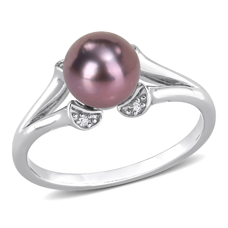 Women’s heart diamond ring-Miadora 7mm Black Cultured Freshwater Pearl White Topaz Split Shank Ring Sterling Silver