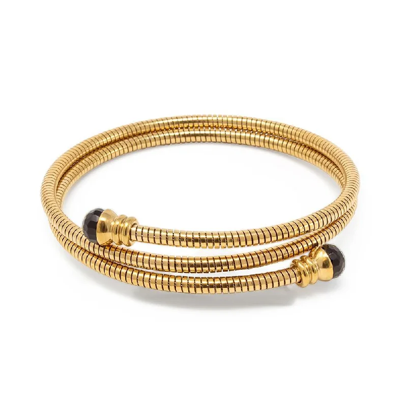 Women’s gold bangle bracelet-Stainless Steel Curl Bangle Black Stone Ends Gold Plated