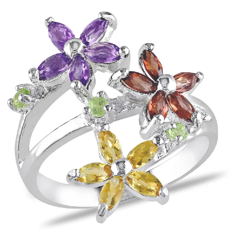 Women’s stacked rings-Miadora Sterling Silver 1 1/2ct TGW Multi-gemstone Flower Ring