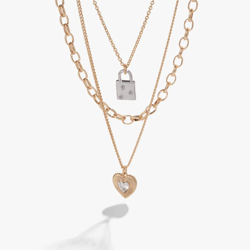 Women’s elegant gold necklace-Multi-Chain Heart + Lock Necklace