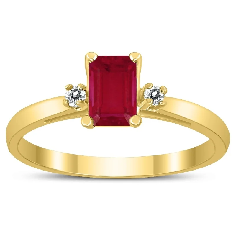 Women’s classic ring-Emerald Cut 6X4MM Ruby and Diamond Three Stone Ring in 10K Yellow Gold