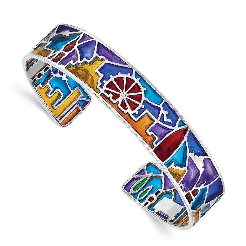 Women’s rose gold bracelet-Sterling Silver Rhod-plated Mosaic Multicolor Enamel London Cuff Bangle-WBC-QB1322