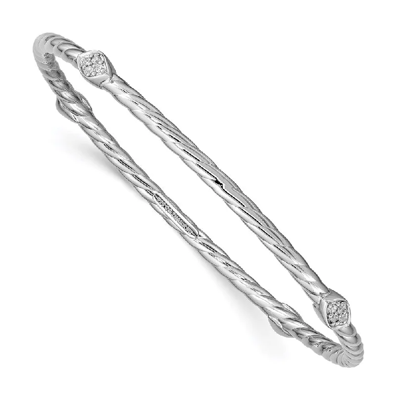 Women’s delicate bracelet-Sterling Silver Rhod-plated Polished/Textured w/CZ Slip-on Bangle-WBC-QB919