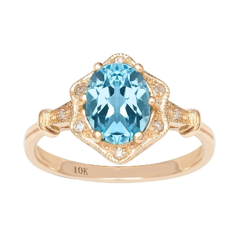 Women’s wedding band ring-Viducci 10k Yellow Gold Vintage Style Genuine Oval Blue Topaz and Diamond Halo Ring