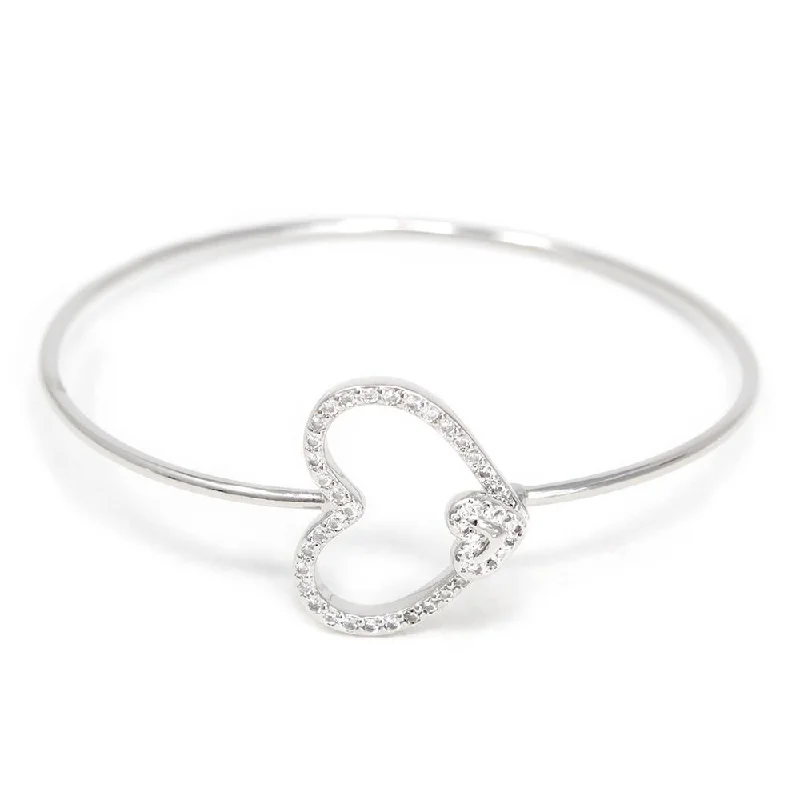 Women’s statement bracelet-Rhodium Plated Bangle with Pave Heart