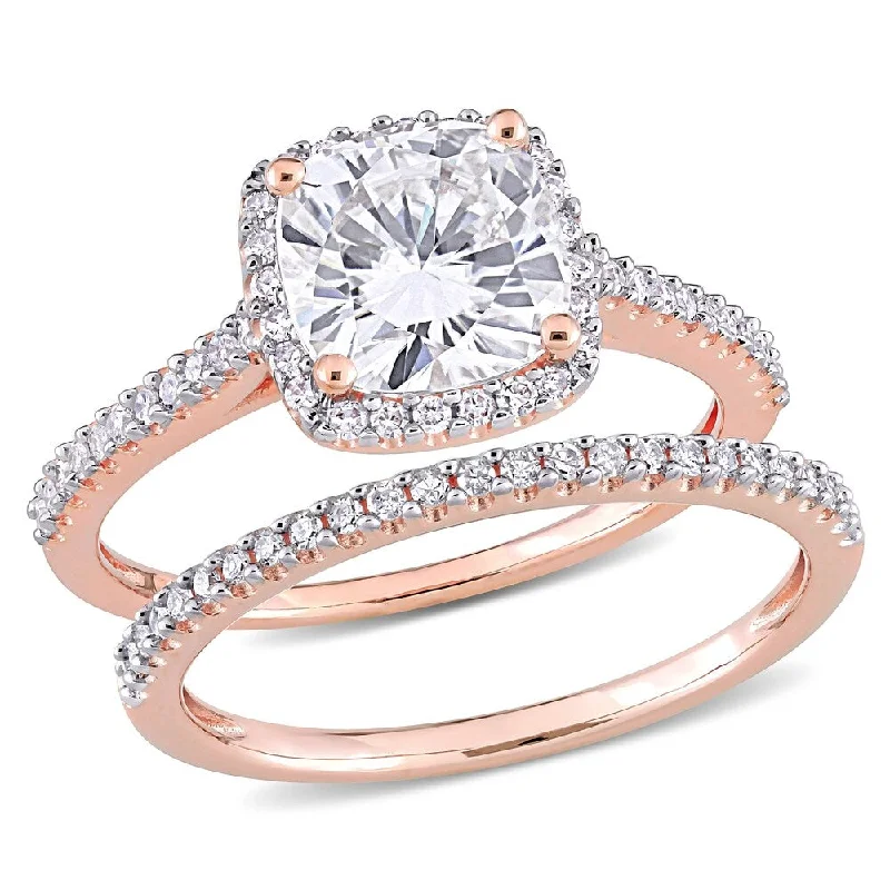 Women’s wedding ring-Miadora 2ct DEW Cushion-cut Moissanite and 1/3ct TDW Diamond Halo Bridal Ring Set in 14k Rose Gold