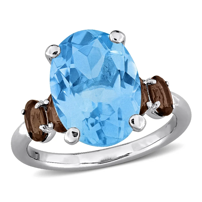 Women’s pearl-studded ring-Miadora 8 1/3ct TGW Sky Blue Topaz and Smokey Quartz Ring in Sterling Silver