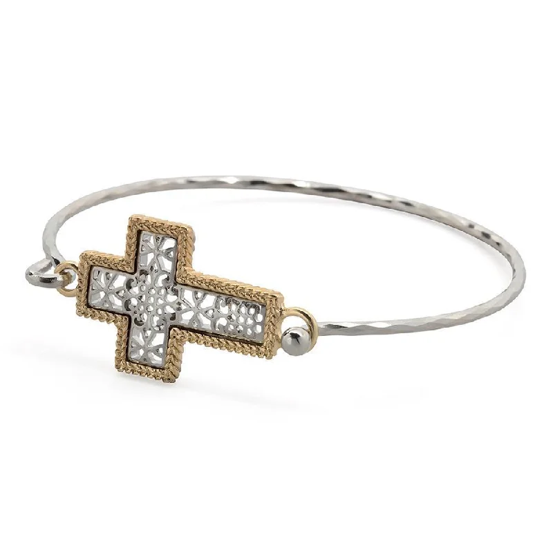 Women’s bangle bracelet set-Two Tone Filigree Cross Bangle Rhodium Plated