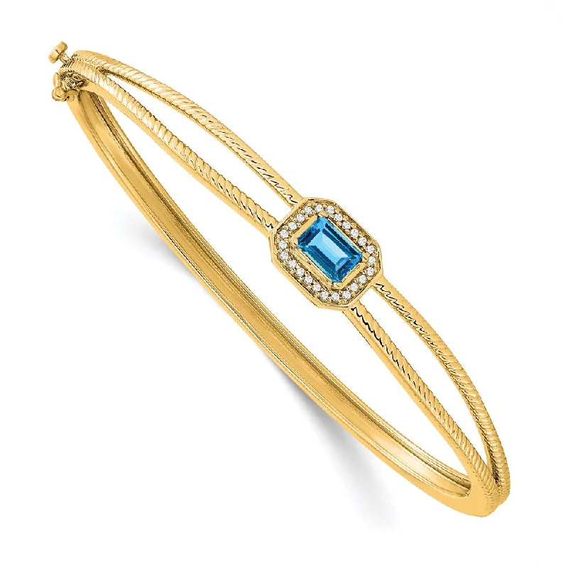 Women’s personalized bangle-14k Emerald-shape Blue Topaz and Diamond Halo Bangle-WBC-BM7091-BT-011-YA