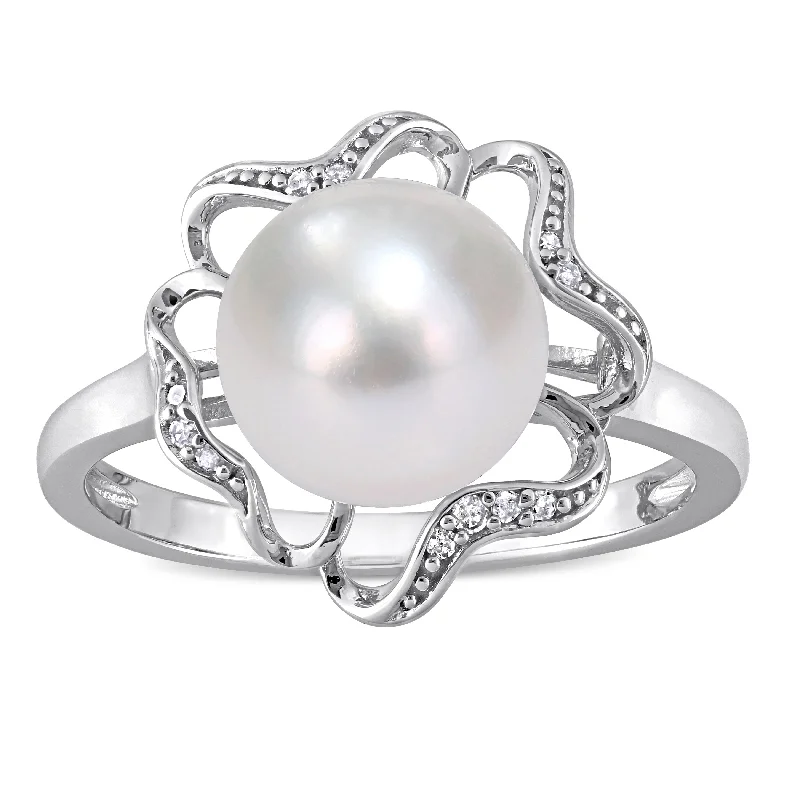 Women’s colorful ring-Miadora Sterling Silver Cultured Freshwater Pearl and Diamond Accent Floral Cocktail Ring (9-9.5 mm)